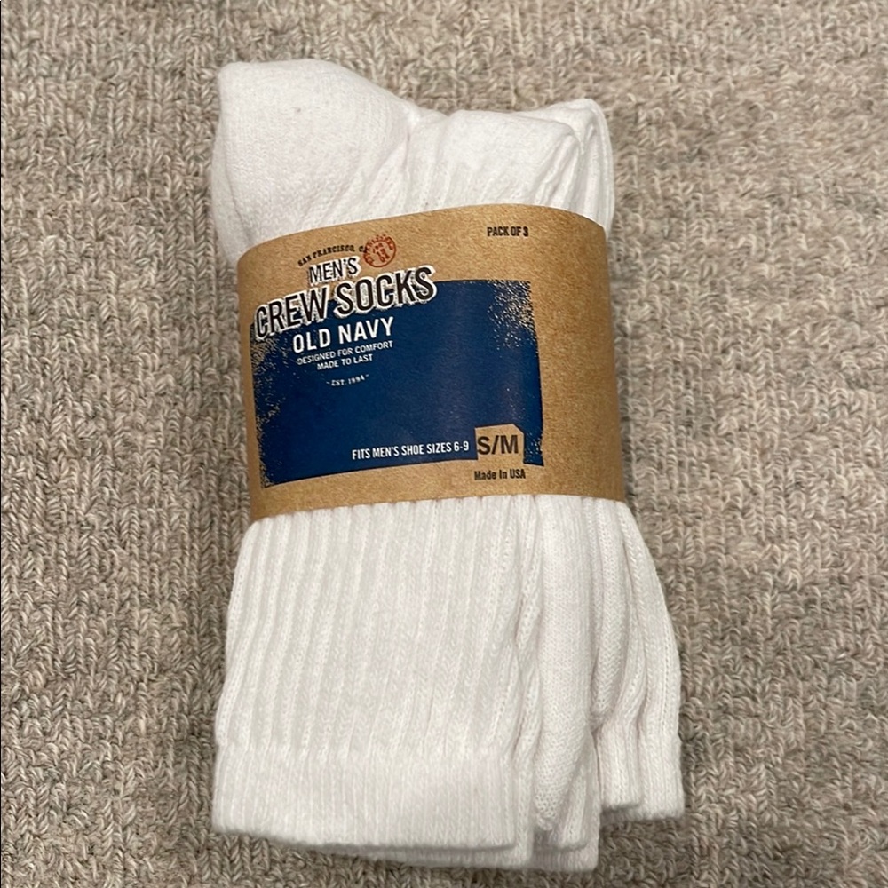 Old Navy Men's Crew Socks.  Fits sizes 6-9.  Three pack.
